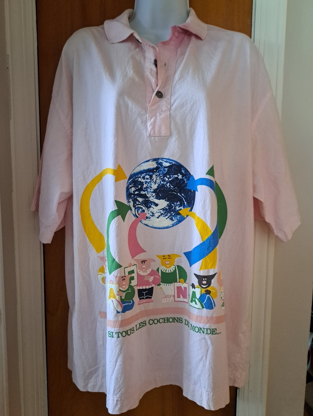 Vintage NAF NAF Light Pink Polo with Colorful Earth Graphic